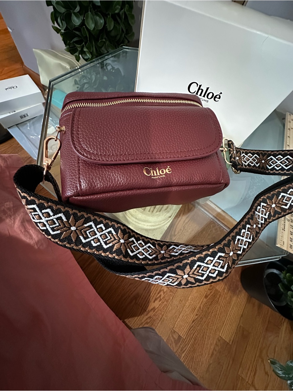 Chloé Burgundy Pebbled Leather Crossbody with Embroidered Strap